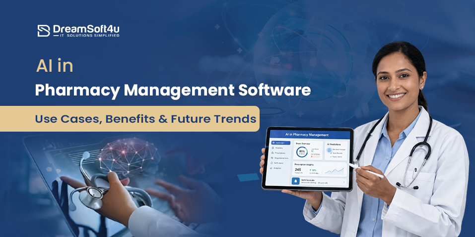 AI in pharmacy management software dashboard showing predictive inventory, prescription validation and workflow automation with healthcare professional.