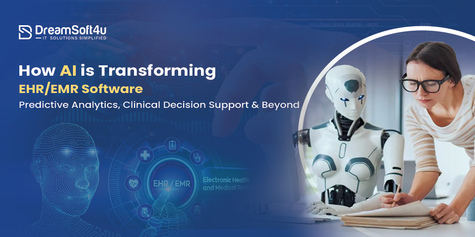 AI-powered EHR software showing predictive analytics dashboard and clinical decision support interface