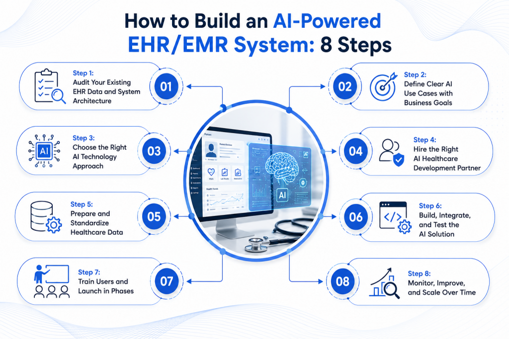 Infographic showing the 8-step process to build an AI-powered EHR/EMR system with healthcare AI icons, workflow connectors, and a central digital medical dashboard on a white background.