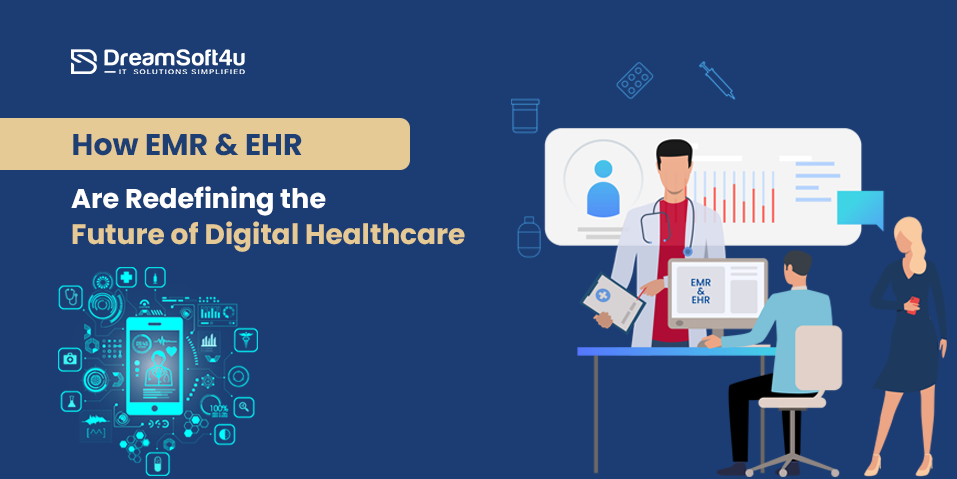 Clinician using an AI-powered EHR dashboard in a modern hospital — EMR and EHR in digital healthcare 2026