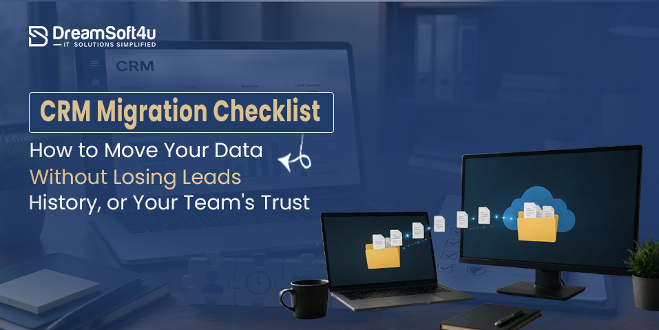 Step-by-step CRM migration checklist showing 10 phases from planning to post-migration monitoring