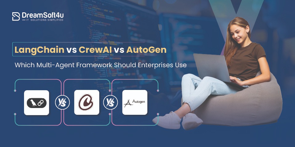 Comparison of LangChain, CrewAI, and AutoGen multi-agent AI frameworks with a developer working on a laptop and framework logos displayed side by side.
