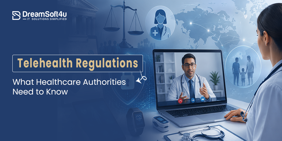 Healthcare provider conducting a telehealth regulations video consultation on a laptop with compliance checklist icons
