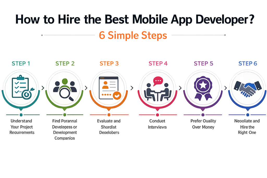 6 simple steps to hire mobile app developers - DreamSoft4u infographic
