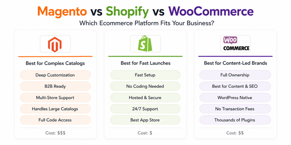 Magento vs Shopify vs WooCommerce comparison infographic showing key strengths of each ecommerce platform