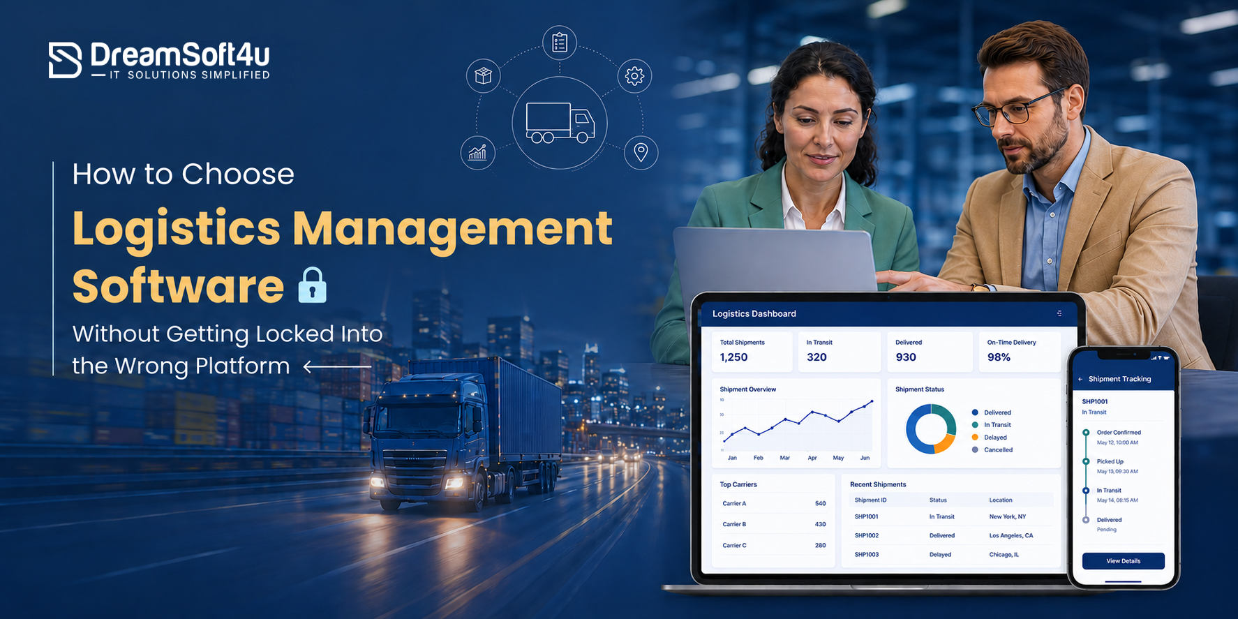 Logistics management software dashboard showing real-time shipment tracking, inventory, and route optimization.