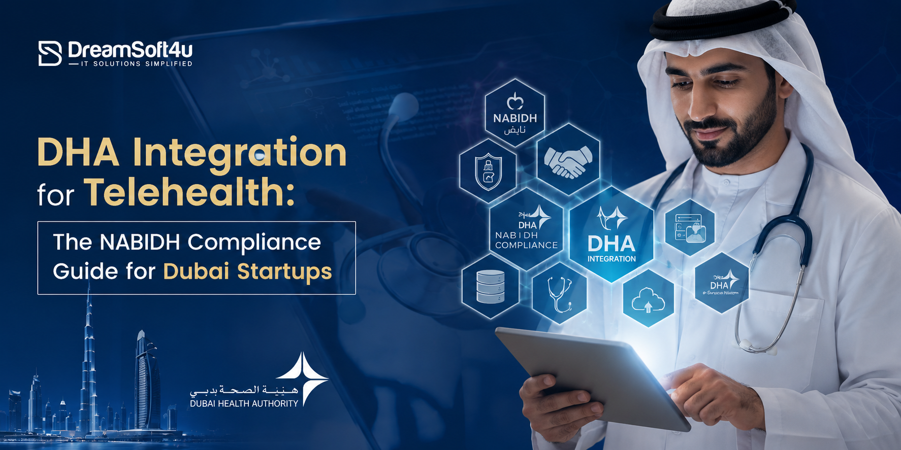 Illustration showing DHA integration for telehealth with NABIDH data exchange and Dubai skyline