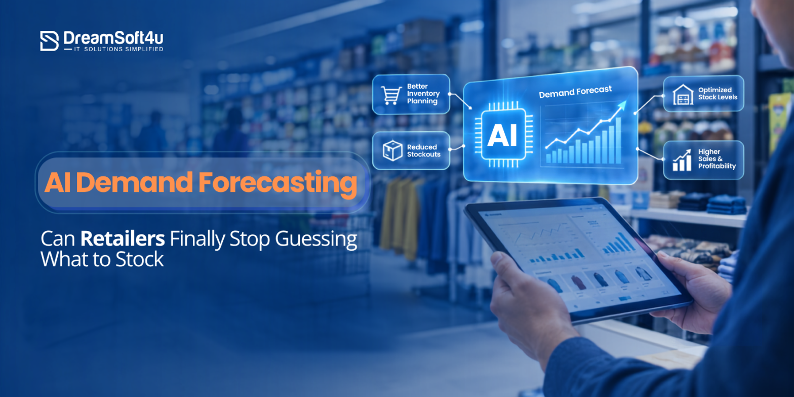 AI demand forecasting dashboard showing retail inventory prediction and stockout reduction