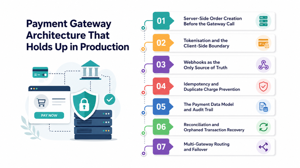 Infographic showing 7-step payment gateway architecture flow from order creation to multi-gateway routing
