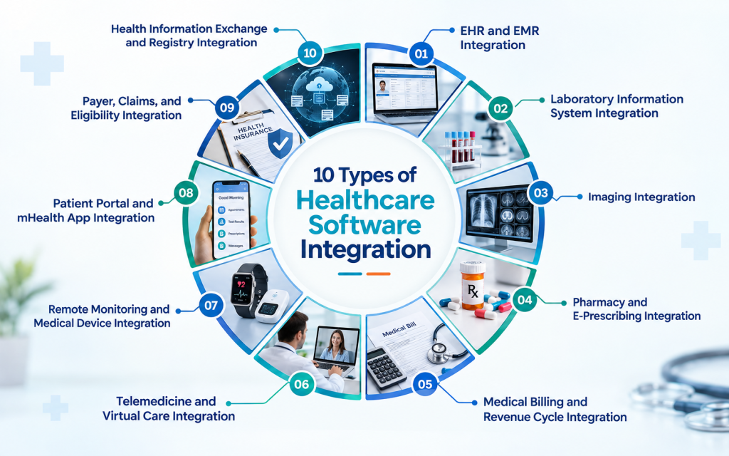 10 types of healthcare software integration including EHR, LIS, medical imaging, pharmacy, billing, telemedicine, remote monitoring, patient portals, payer systems, and HIE integration.