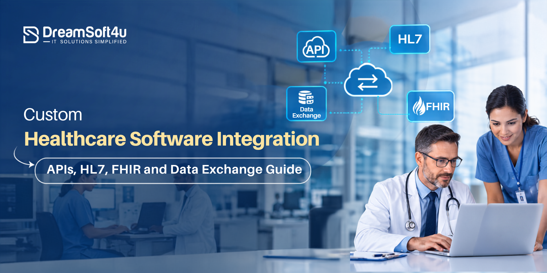Healthcare software integration diagram showing HL7, FHIR, and API connections between EHR, lab, pharmacy, and billing systems