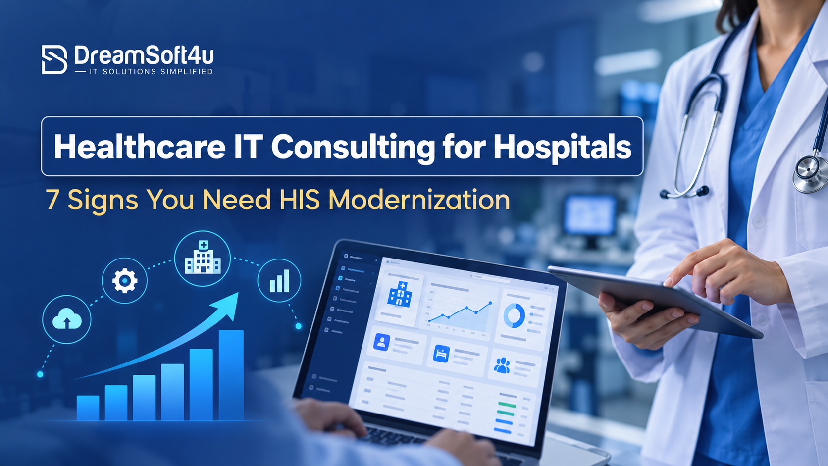 Hospital IT team reviewing legacy HIS modernization roadmap on a dashboard